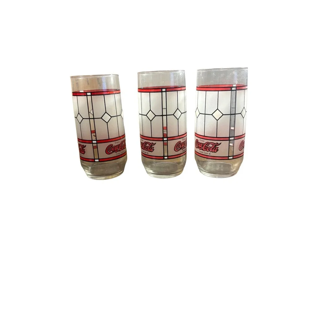 Vintage Set of 3 Tiffany Style Frosted‎ Drinking Glasses Enjoy Coca Cola